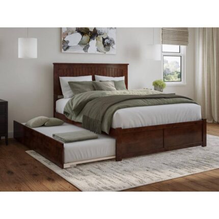 Nantucket Walnut Brown Solid Wood Frame Queen Platform Bed with Footboard and Twin XL Trundle