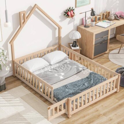 Natural Wood Frame Full Size House Platform Bed, Floor Bed with Chimney and Roof Design, Fence Guardrails with Door