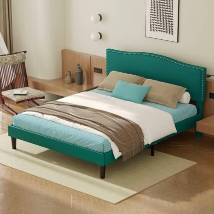 Platform Bed Frame Green Metal Frame Queen Platform Bed with Upholstered Headboard, Strong Frame & Wooden Slats Support