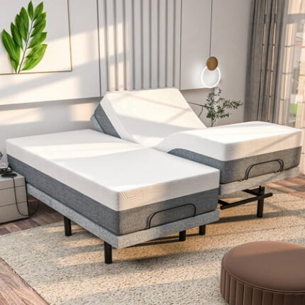 Renanim Split King Adjustable Motorized Bed Frame with 12 Hybrid Mattress Included Electric Massage for Better Sleep & Comfort - Reclining Base Dual Massagers Head & Foot Incline - Wireless Remote
