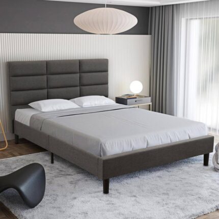 Roncy Dark Grey Upholstered Full Platform Bed Frame with Panel Headboard