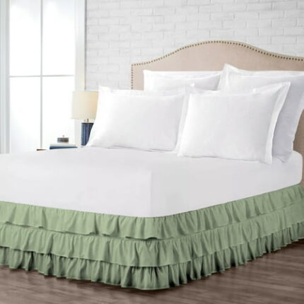 Short King Size Tailored Drop Multi Ruffled Solid Bed Skirt with Adjustable Elastic Belt Microfiber Fabric Fade & Wrinkle Resistant Bed Frame Cover Easy to Fit & Care (26 Inch Drop Moss)
