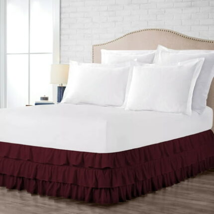Short King Size Tailored Drop Multi Ruffled Solid Bed Skirt with Adjustable Elastic Belt Microfiber Fabric Fade & Wrinkle Resistant Bed Frame Cover Easy to Fit & Care (29 Inch Drop Wine)