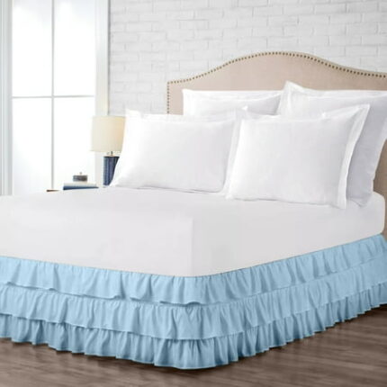 Short King Size Tailored Drop Multi Ruffled Solid Bed Skirt with Adjustable Elastic Belt Microfiber Fabric Fade & Wrinkle Resistant Bed Frame Cover Easy to Fit & Care (10 Inch Drop Light Blue)