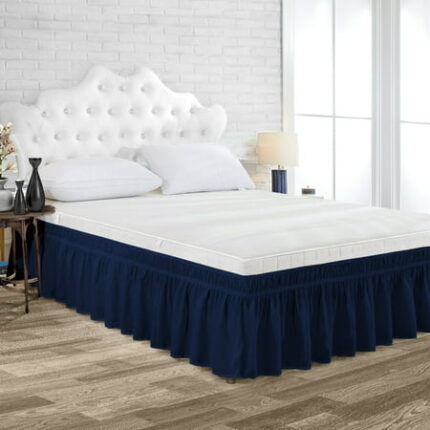Short Queen Size Tailored Drop Wrap Around Solid Bed Skirt with Adjustable Elastic Belt Microfiber Fabric Fade & Wrinkle Resistant Bed Frame Cover Easy to Fit & Care (16 Inch Drop Navy Blue)