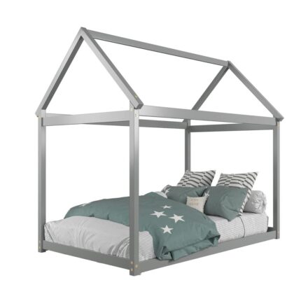 Twin House Bed Wood Frame with Roof for Kids Toddler No Box Spring Gray