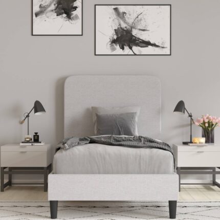 Twin Platform Bed with Headboard and Fabric Upholstered Frame 14 Wooden Slats Light Gray - Merrick Lane