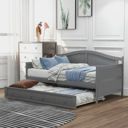 Twin Size Daybed with Trundle Bed Wooden Sofa Couch Bed with Headboard and Footboard Slat Support Platform Daybed Frame for Bedroom Living Room No Box Spring Needed Gray