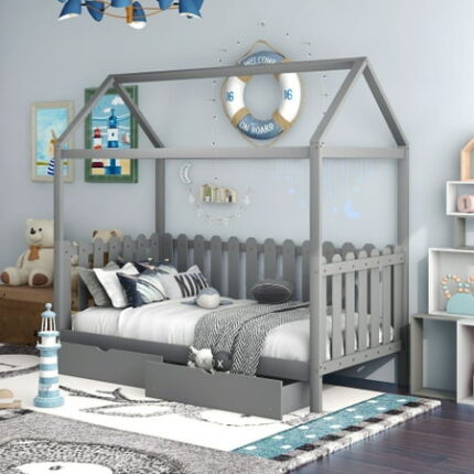 Twin Size House Bed Wood Twin Bed Frame with 2 Drawers Twin Size Kids House Platform Bed with Roof and Fence-Shaped Guardrail No Box Spring Needed(Gray)