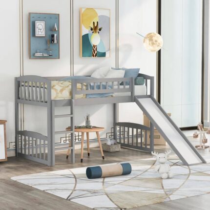 Twin Size Low Loft Bed with Slide and Ladder, Wooden Loft Bed Frame for Kids Girls Boys, Gray