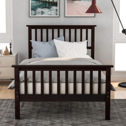 Twin Size Platform Bed Frame Wood Twin Size Platform Bed with Headboard and Footboard for Kids Espresso