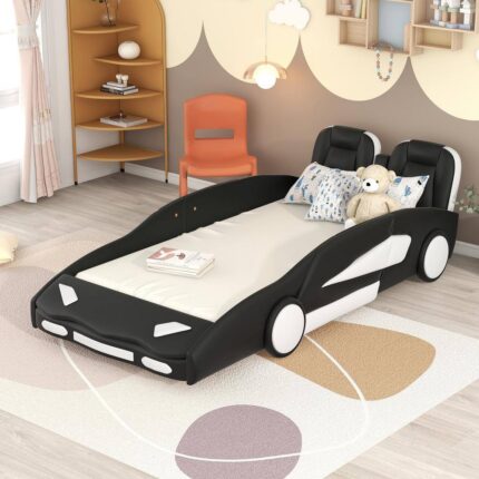 Twin Size Race Car-Shaped Platform Bed with Wheels, Wood Kids Bed Frame with Guardrails in Black