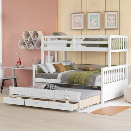 Twin over Full Bunk Bed with Twin Trundle Bed and 3 Storage Drawers Wood Storage Bed Frame with Ladder and Full-length Guardrails Bunk Beds for Kids Teens Bedroom Mattress not Included White