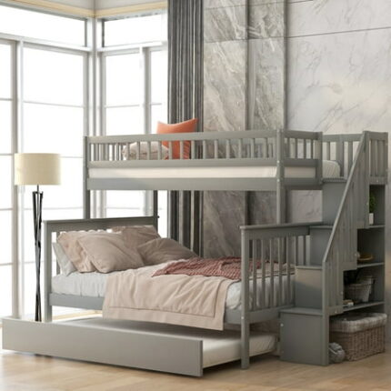 Twin over Full Stairway Bunk Bed with Trundle Solid Wood Bunk Bed Frame with 4 Storage Shelves & Safety Guardrail Multifunctional Bunk Bed for Boys Girls Space-Saving No Box Spring Needed Gray
