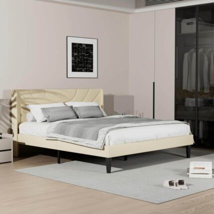 Upholstered Bed Beige Metal Frame Queen Platform Bed with Headboard Wood Slat Support