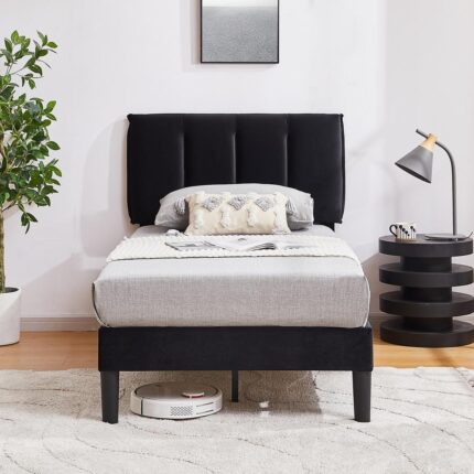 Upholstered Bed Frame, Black Metal Frame Twin Platform Bed with Adjustable Headboard, Wood Slat, No Box Spring Needed