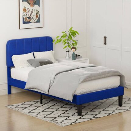 Upholstered Bed Frame Blue Metal Frame Twin Platform Bed with Adjustable Headboard, Strong Wooden Slats Support