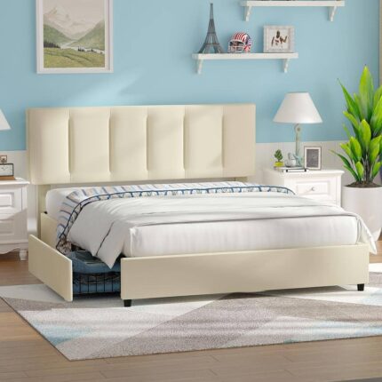 Upholstered Bed Frame, Full Bed with 4 Storage Drawers and Adjustable Headboard Platform Bed Frame Beige