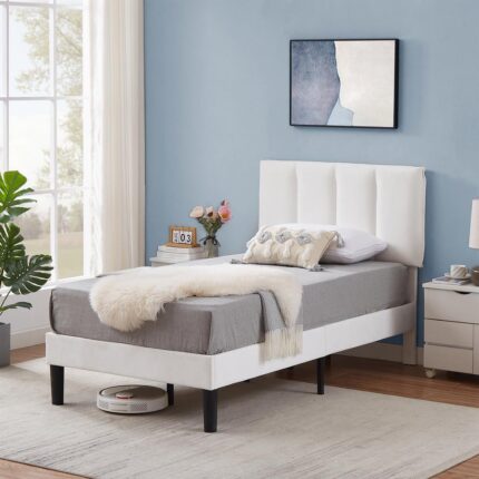 Upholstered Bed, Modern Platform Bed with Adjustable Headboard, Heavy-Duty Tufted Twin Bed Frame with Wood Slat, White