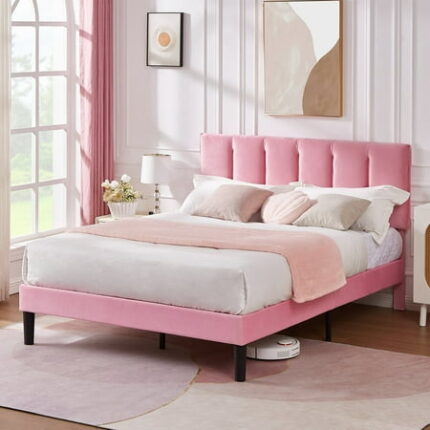 VECELO Full Size Upholstered Platform Bed Frame Adjustable Headboard and Wooden Slats Support No Box Spring Needed/Easy Assembly Pink