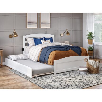 Warren 60-1/4 in. W White Queen Wood Frame with Twin XL Pull Out Trundle Bed Footboard an USB Charger Platform Bed