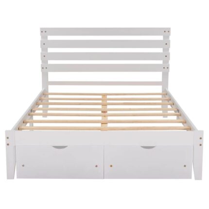 White Full Size Platform Bed with Two Drawers, Wood Bed Frame with Headboard, Kids Adult Platform Bed Frame