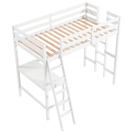 White Twin Loft Bed Frame w/Desk Angled and Built-in Ladder Solid Wooden Frame