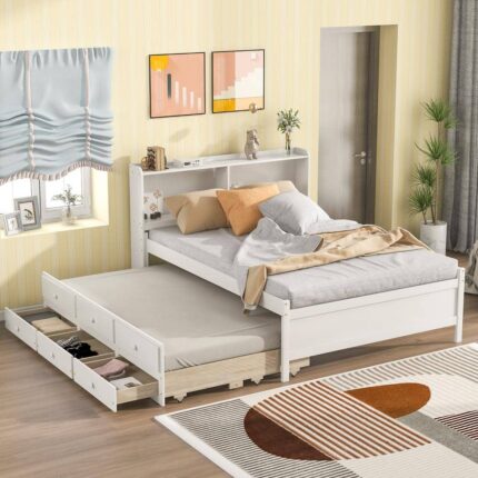 White Wood Frame Full Size Platform Bed with Bookcase, Trundle and 3-Drawers