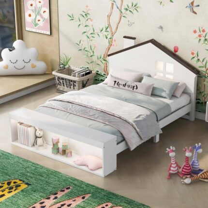 White Wood Frame Full Size Platform Bed with House Shaped Headboard, LED Lights and Storage Cabinet
