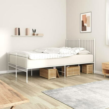 moobody Metal Bed Frame with Headboard and Footboard White 53.9 x74.8