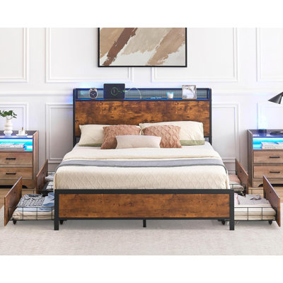 Bed Frame,LED Light Platform Bed Frame With Storage Drawer Box Charging Station,Metal Bed Frame