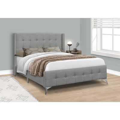 Bed Queen Size Platform Bedroom Frame Upholstered Linen Look Metal Legs, Gray/Chrome
