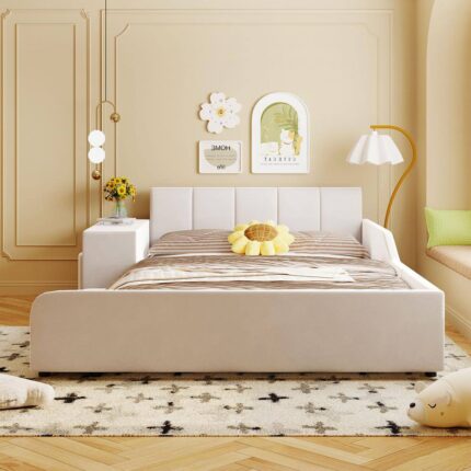 Beige Modern Luxury Wood Frame Full Size Soft Velvet Upholstered Platform Bed with Bedside Desk and Round Stool