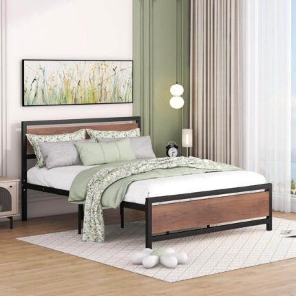 Black Metal Frame Queen Size Platform Bed with Wood Headboard and Footboard, Extra Slat Support
