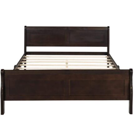 Dark Brown Frame Full Size Wood Platform Bed with Headboard and Wooden Slat Support