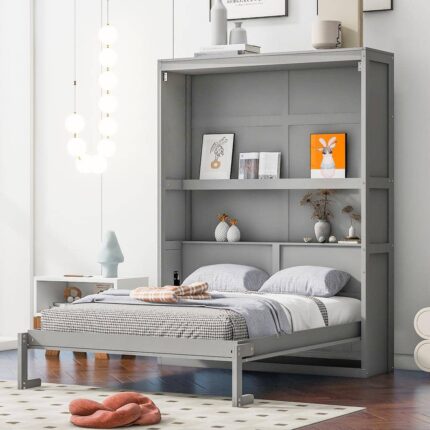 Gray Wood Frame Full Size Murphy Bed, Wall Bed with Shelves, Folded into a Cabinet