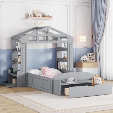 Gray Wood Frame Twin Size House Platform Bed, Floor Bed with Drawers, Multiple Shelves, USB Charging, Bed-End Bench