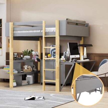 Gray Wood Frame Twin Size Loft Bed with Built-in Shelves, Storage Cabinet, Foldable Desk