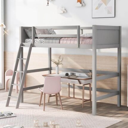 Gray Wood Frame Twin Size Loft Bed with Sloping Ladder Placing in Left or Right, Full-Length Guardrails