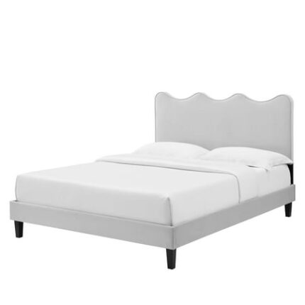 Platform Bed Frame Twin Size Grey Gray Velvet Modern Contemporary Bedroom Master Guest Suite Room