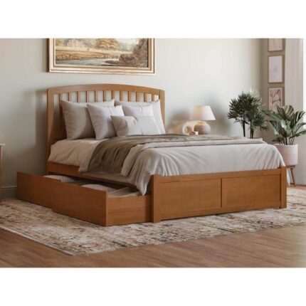 Richmond Light Toffee Natural Bronze Solid Wood Frame Queen Platform Bed with Footboard and Storage Drawers