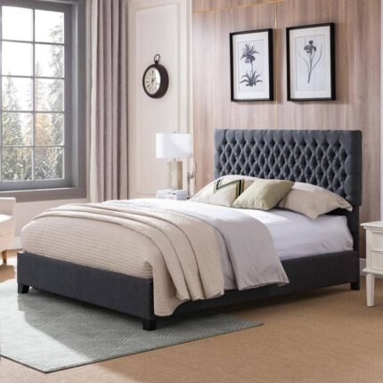 Scout Queen-Size Tufted Dark Gray Fabric and Wood Bed Frame