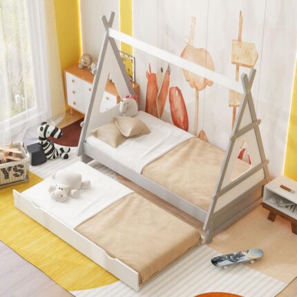 Tent Style White Wood Frame Twin Size Platform Bed with Twin Size Trundle, Triangle Structure