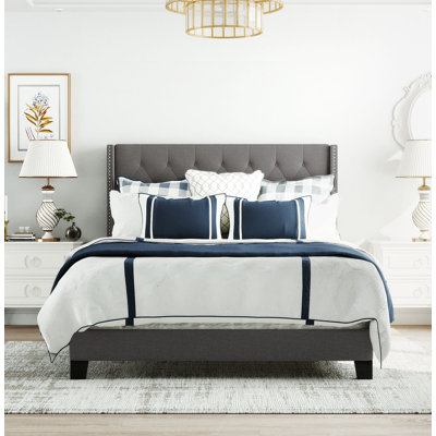Upholstered Platform Bed Frame with Headboard and Classic Headboard