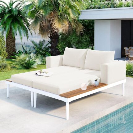 White Frame Metal Outdoor Day Bed with Beige Cushions, Wood Topped Side Spaces, Padded Chaise Lounges