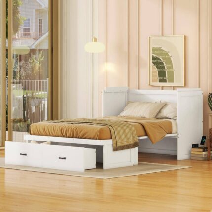White Wood Frame Full Size Murphy Bed with USB Ports and 2-Drawer