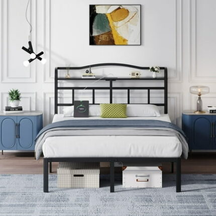14 Inch Bed Frame Full Size with Charging Station Heavy Duty Full Bedframe Metal Platform Black Mattress Foundation Easy Assembly Ample Space Noise Free