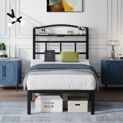 14 Inch Bed Frame Twin Size with Headboard & Charging Station Heavy Duty Black Bedframe Metal Platform Mattress Foundation Easy Assembly Ample Space Noise Free