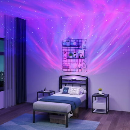 14 Inch Bed Frame Twin Size with Headboard & Charging Station Heavy Duty Black Bedframe with Galaxy Aurora Projector Metal Platform Mattress Foundation Easy Assembly Ample Space Noise Free