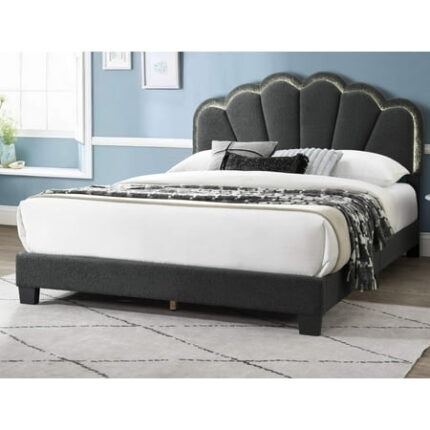1Pc Queen Size Bed Charcoal Wool Fabric Floral Design Headboard W Led Fully Upholstered Platform Bedframe Box Spring Not Required Queen Charcoal Wood Bedroom Contemporary Modern Bed Frame Wool
